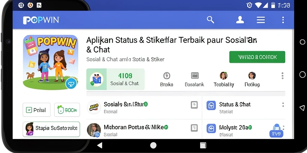Tampilan antarmuka POPWIN yang menarik dengan berbagai pilihan status dan stiker.
